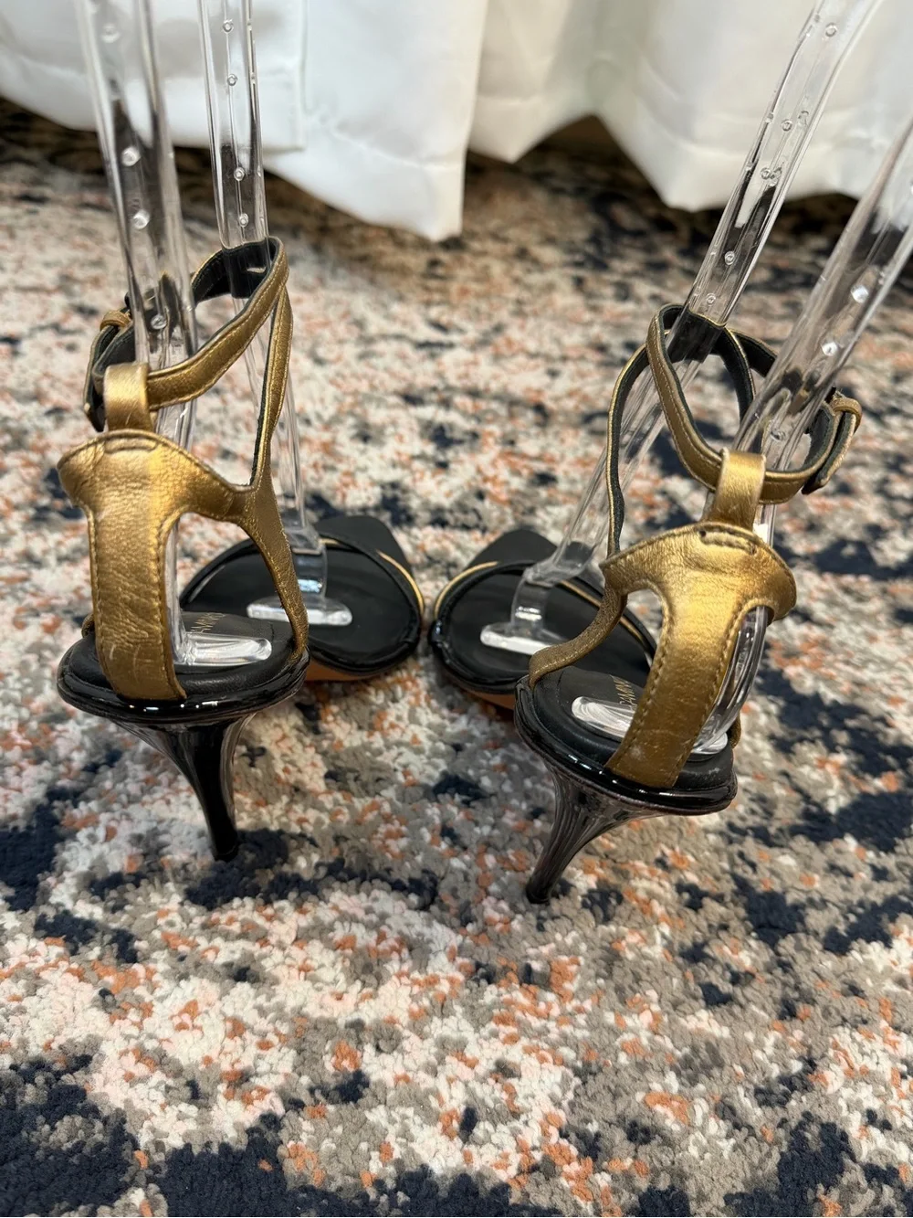 Rebecca Minkoff Black & Metallic Gold Leather Strappy Heeled Sandal Stiletto 7.5